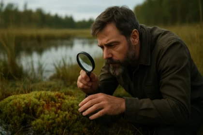 Muž skúma rašeliník s lupou na brehu jazera.