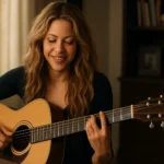 Shakira hrá na gitare a usmieva sa, inšpirujúca hudobná scéna.