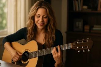 Shakira hrá na gitare a usmieva sa, inšpirujúca hudobná scéna.