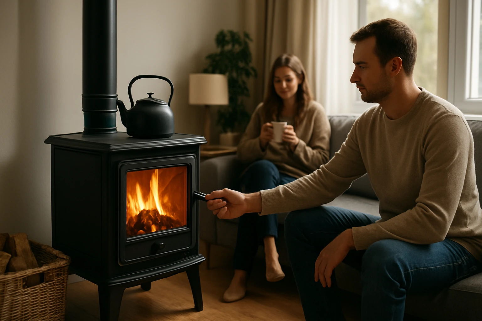 Pár relaxuje pri prenosnej kachľovej peci v obývacej izbe.