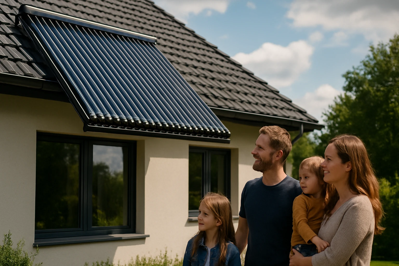 Rodina pred domom s vákuovými solárnymi kolektormi na streche.