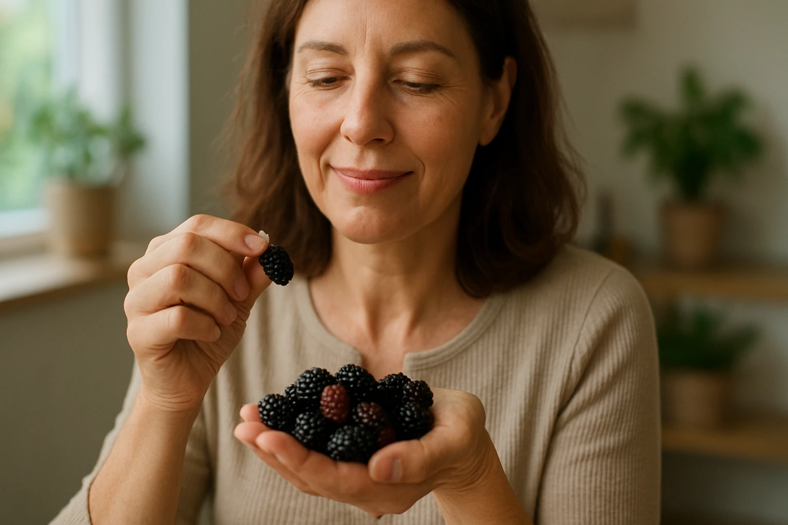 Žena vychutnáva morušu, zdravé superpotraviny pre imunitu.
