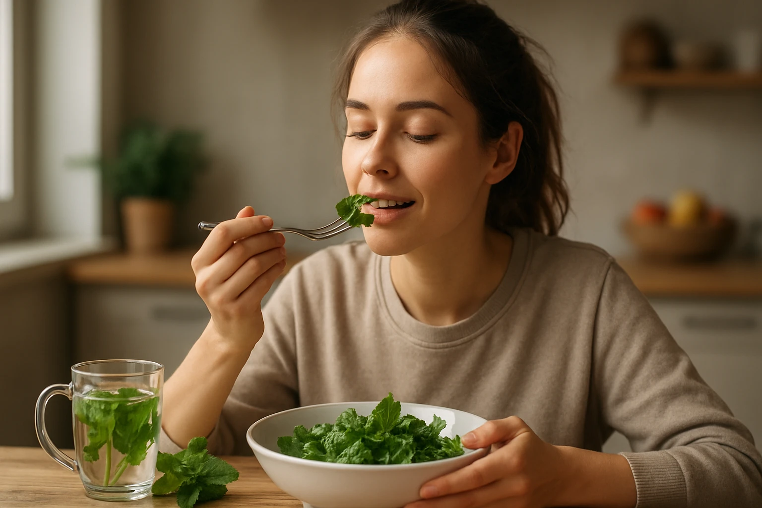 Mladá žena si vychutnáva čerstvú mätu pri jedle.