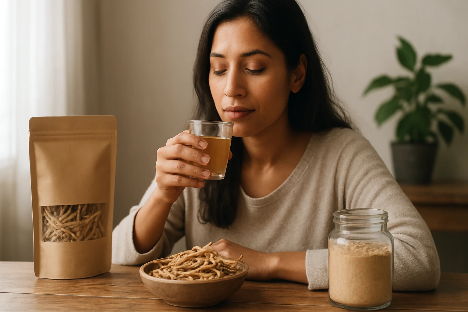 Žena pijúca nápoj z shatavari, prírodného lieku pre ženské zdravie.