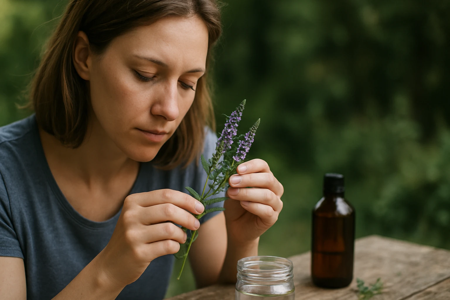 Žena skúma lekársku veroniku pri príprave bylinkového čaju.