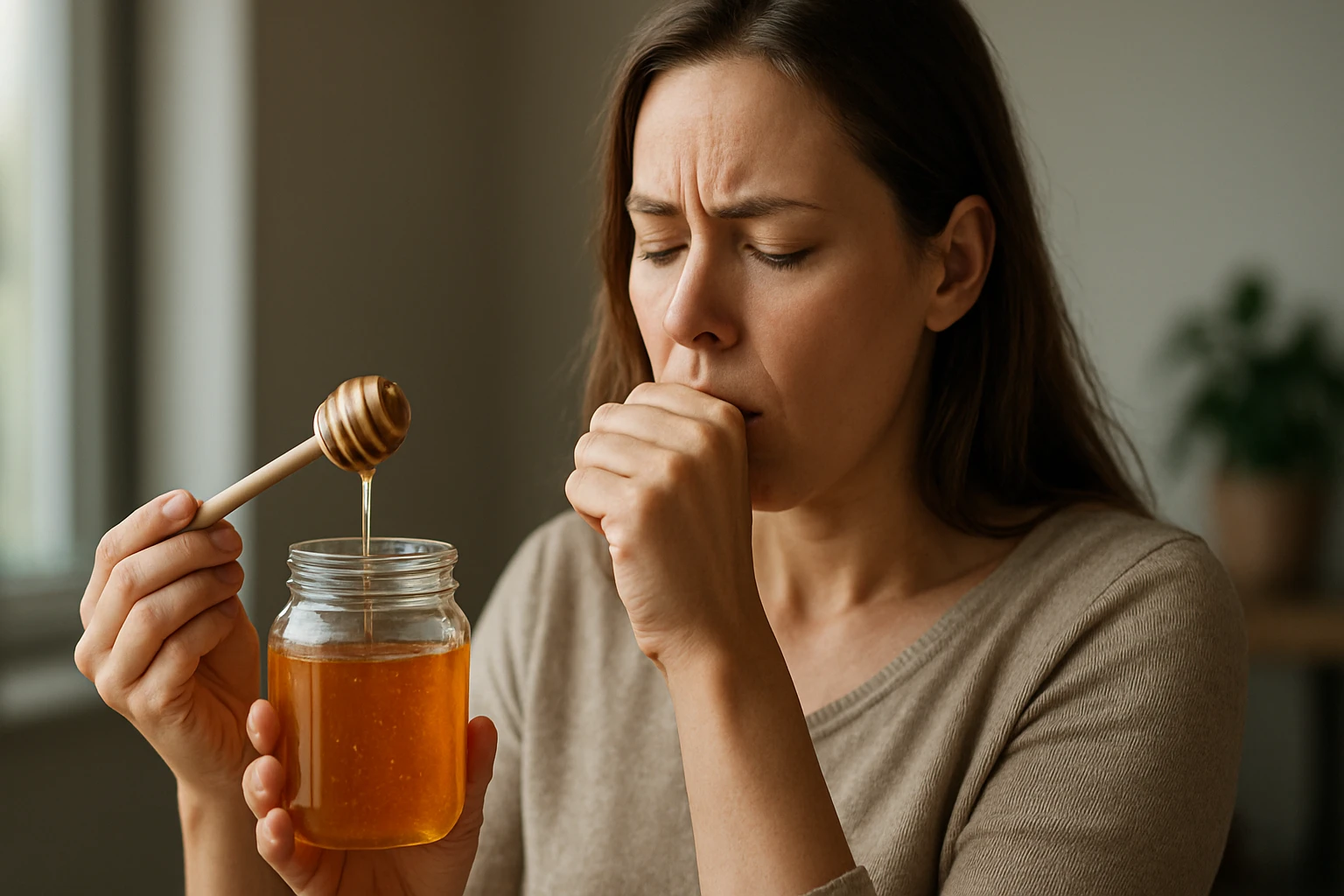 Žena s medom zjemňuje kašeľ a upokojuje hrdlo.