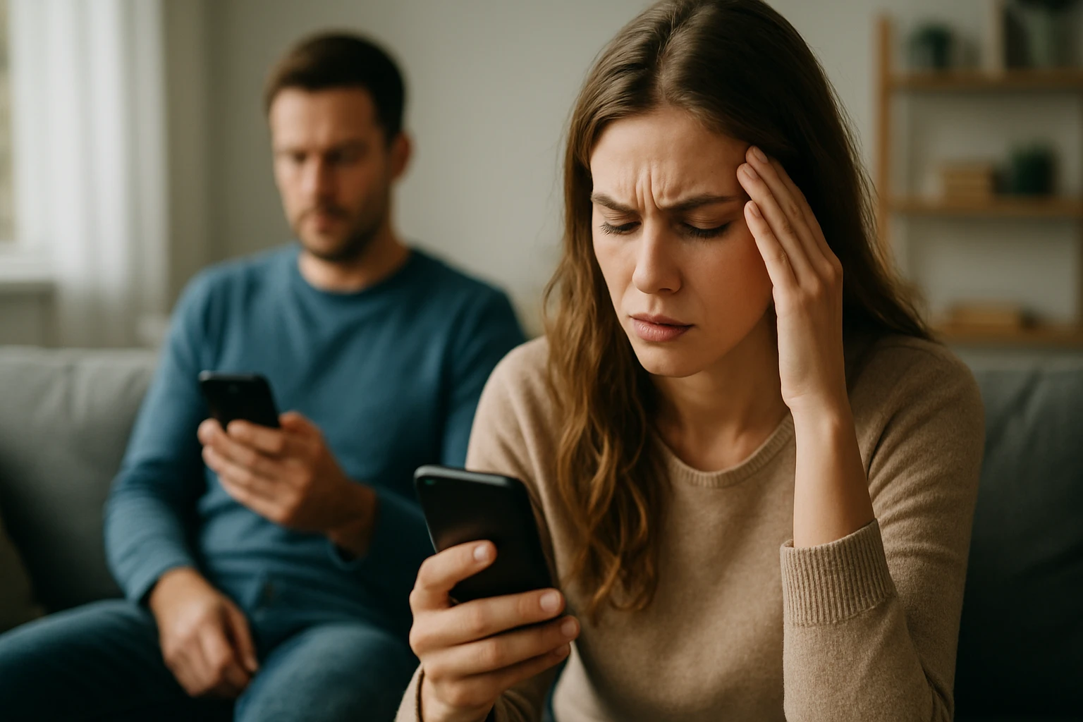 Žena so stresom z mobilným telefónom, muž v pozadí.