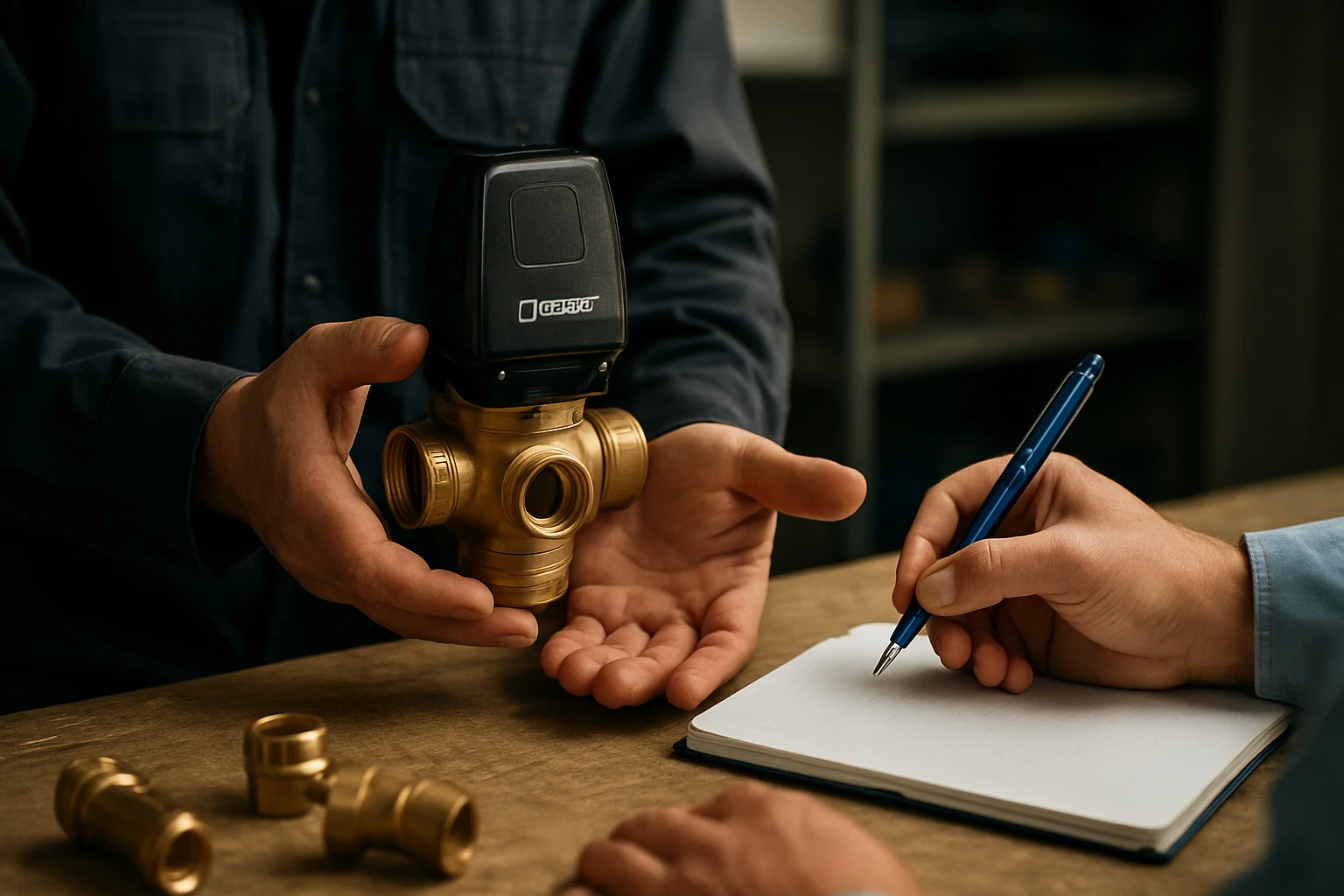 Trojcestný ventil ESBE s inštalačnými komponentmi a poznámkovým blokom.