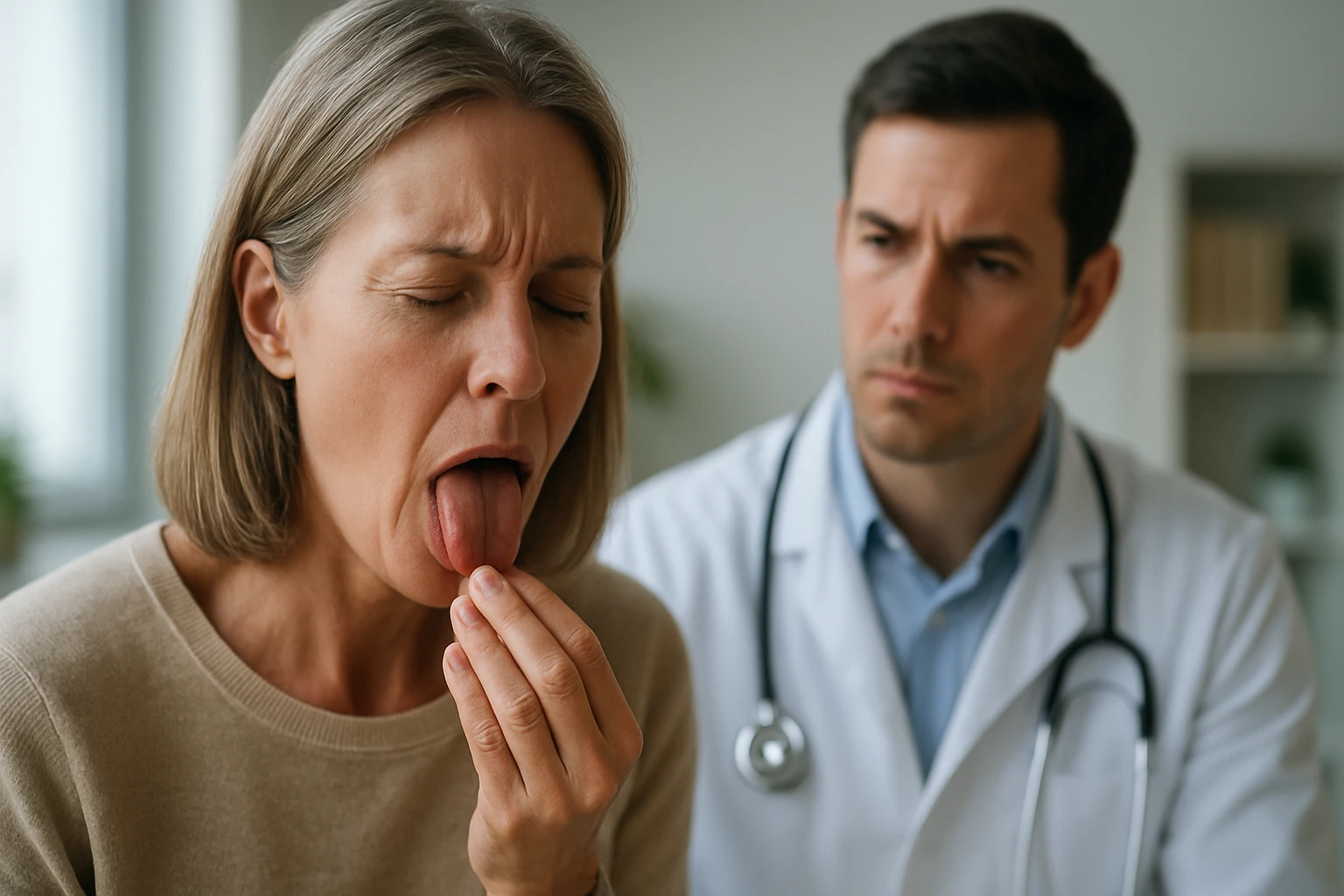 Žena s syndrómom páliaceho jazyka a lekár v ordinácii.