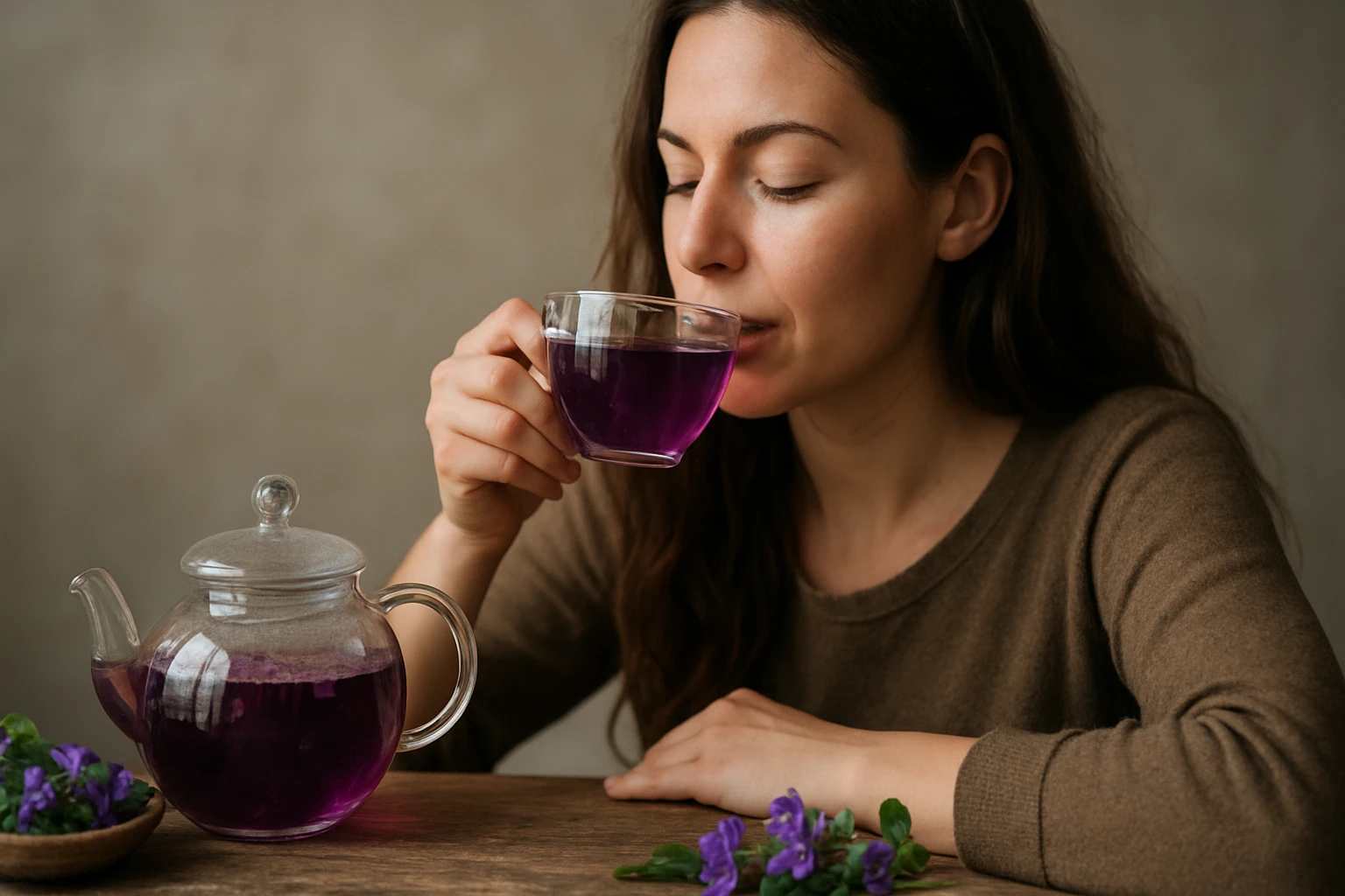 Žena vychutnáva čaj z divokej fialky z čírej kanvice.