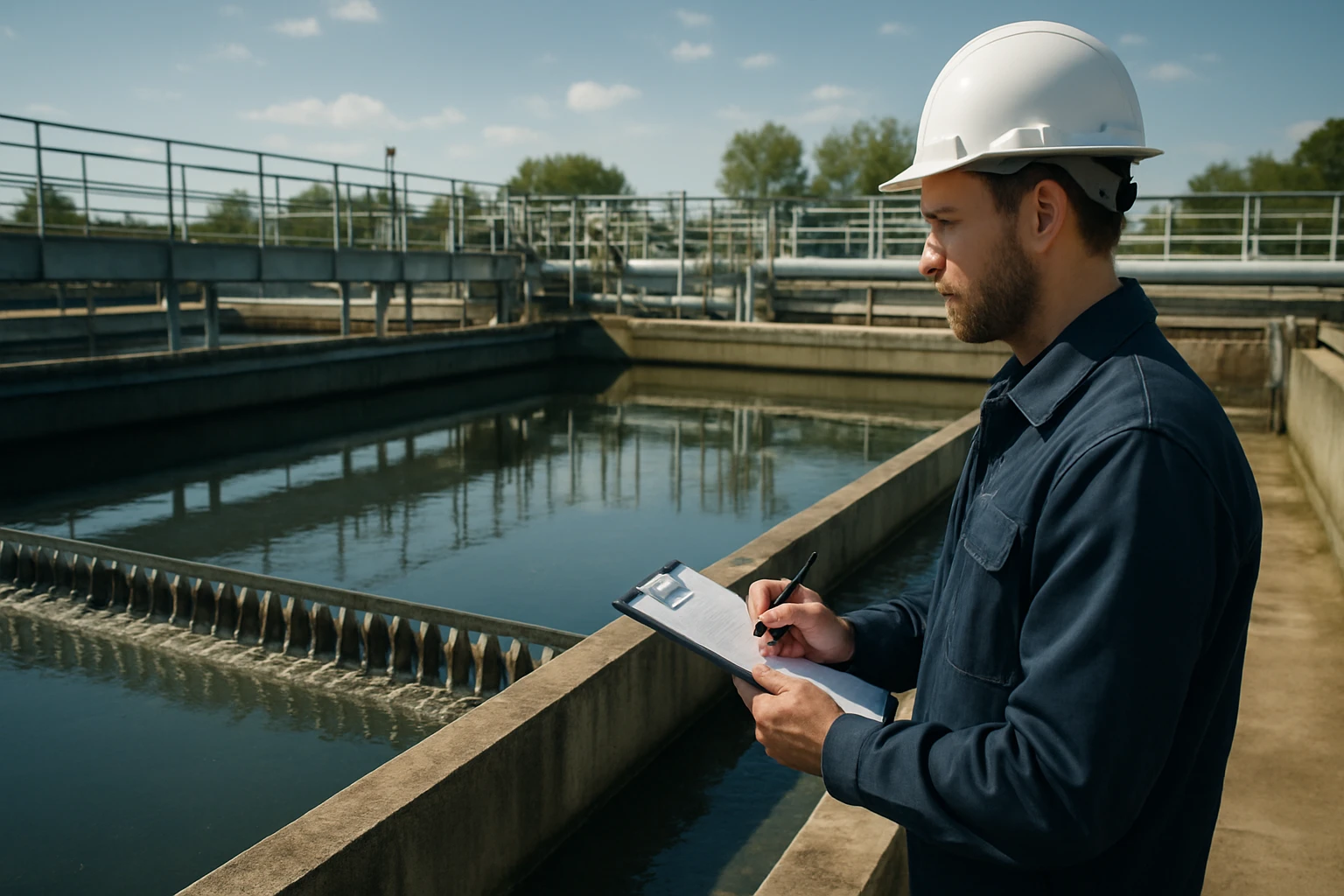 Pracovník monitorujúci sedimentačnú nádrž na čistenie vody