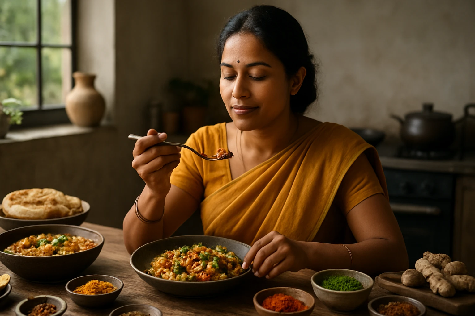 Žena v sarí vychutnáva jedlo s aromatickými koreninami