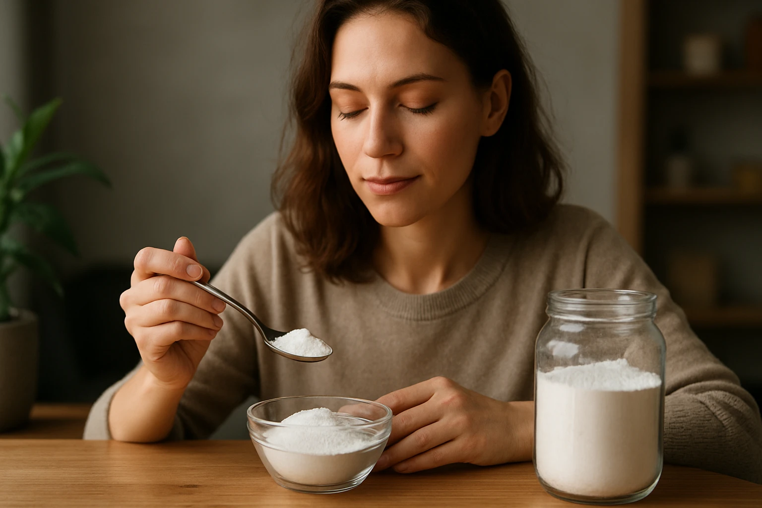 Žena vychutnávajúca inulínový prášok v kúpeľni.