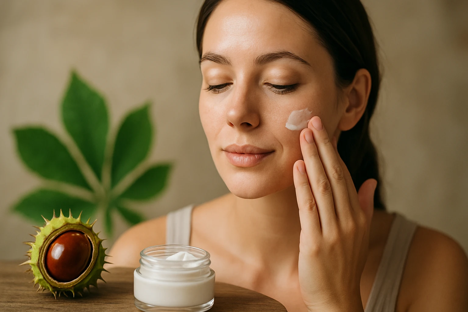 Žena nanášajúca pleťový krém s pagaštanom na tvár