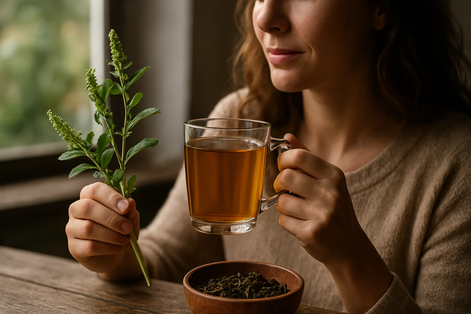Žena si vychutnáva čaj z rutovca s bylinami a sušeným čajom.