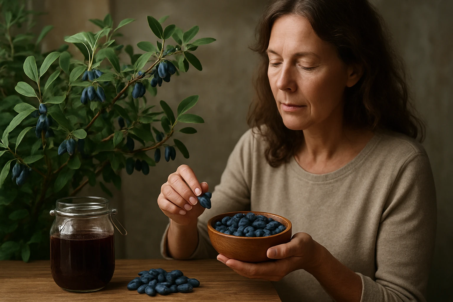 Žena ochutnáva čerstvé bobule sibírskeho zemolezu z misy.