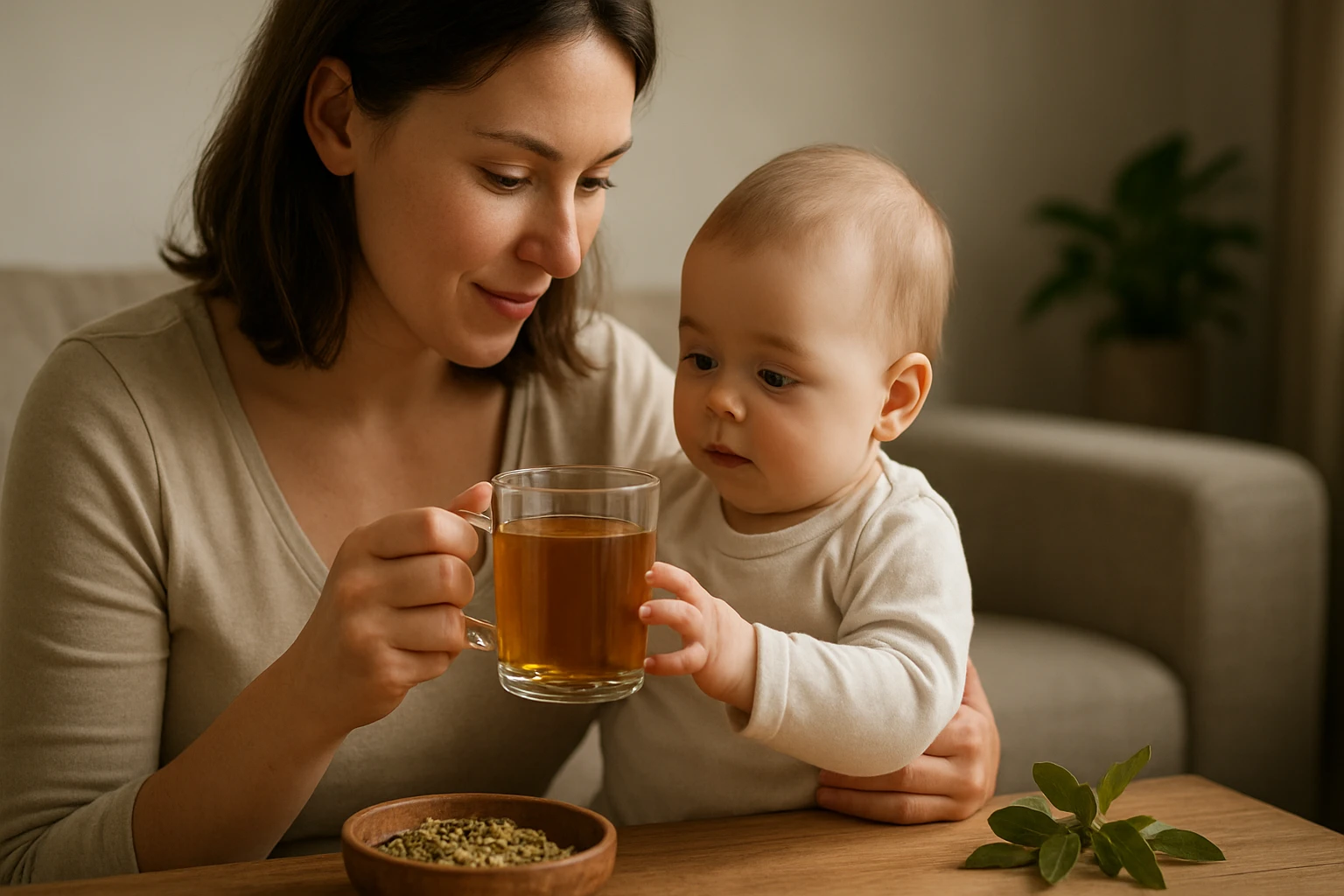 Matka s bábätkom a šálkou bylinného čaju Mecsek Baby.