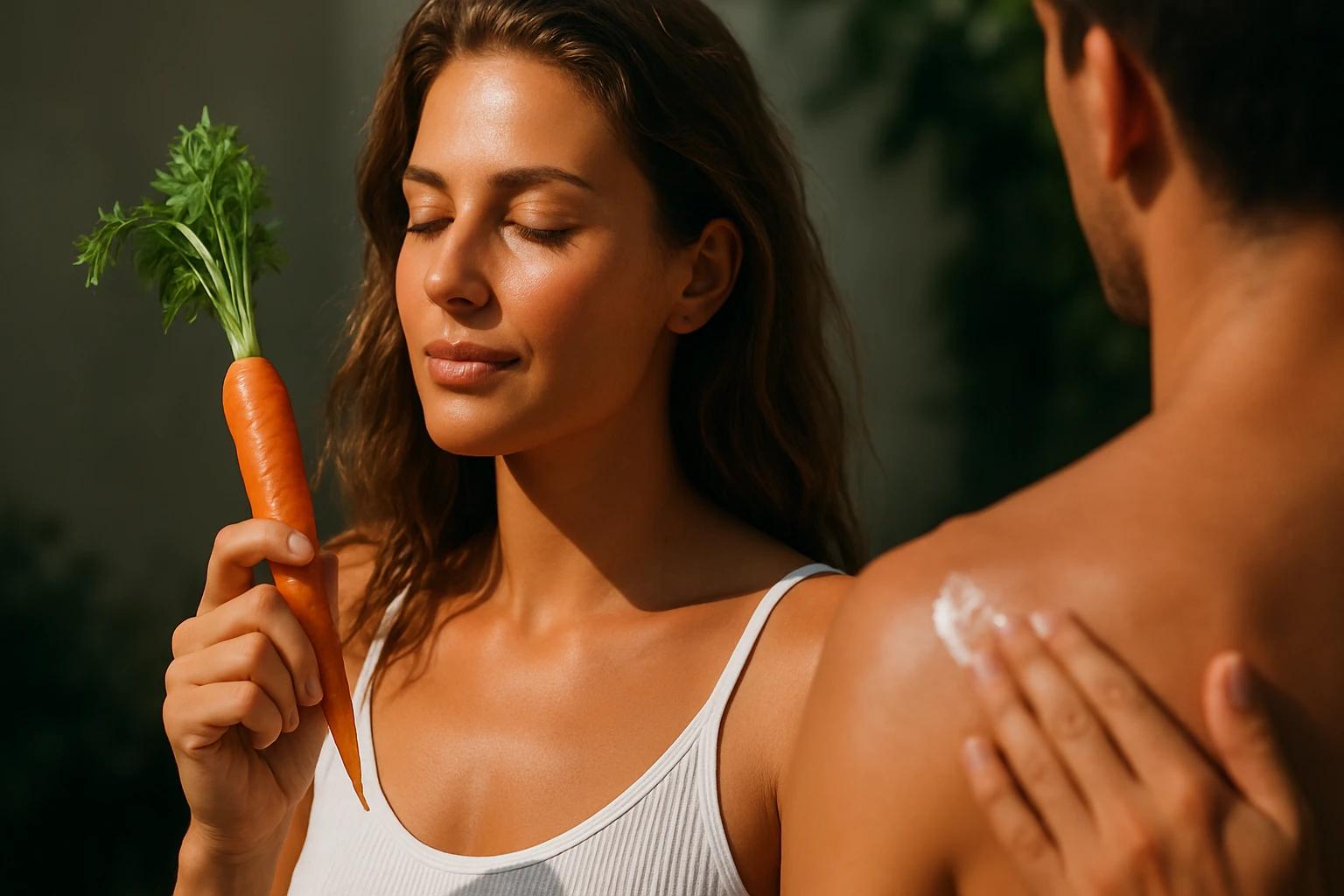 Žena s mrkvou podporuje zdravé opálenie pri nanášaní krému.