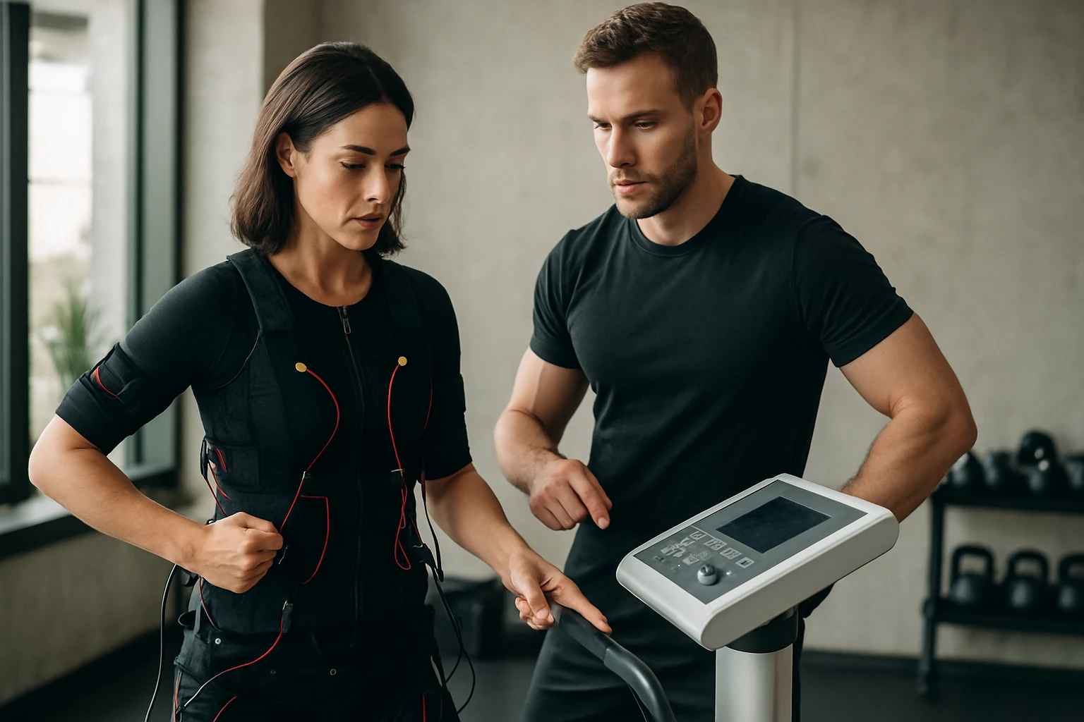 Žena v tréningovom obleku s elektromiostimuláciou, rozpráva sa s trénerom.