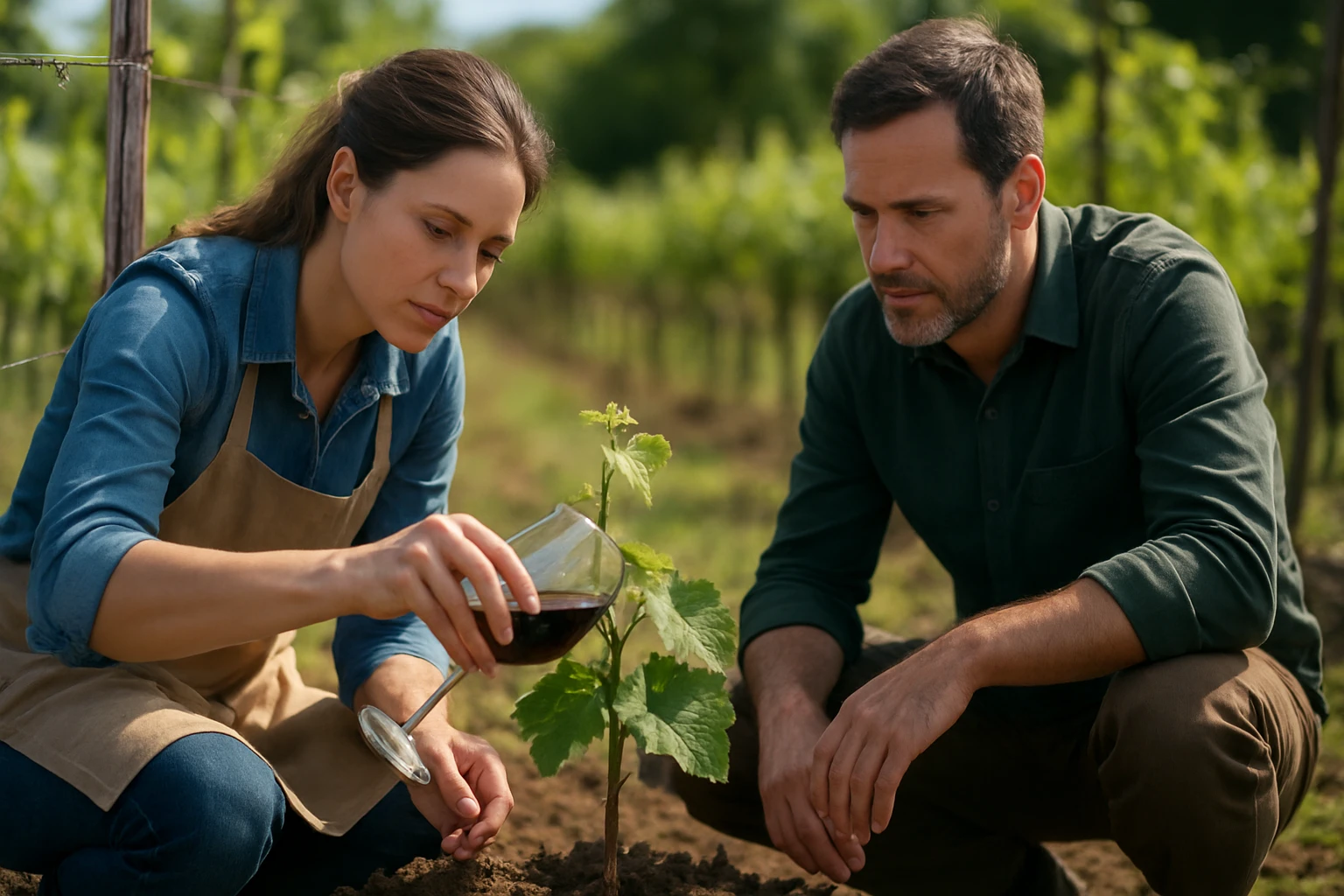 Žena a muž skúmajú vplyv vína na rastliny v záhrade.