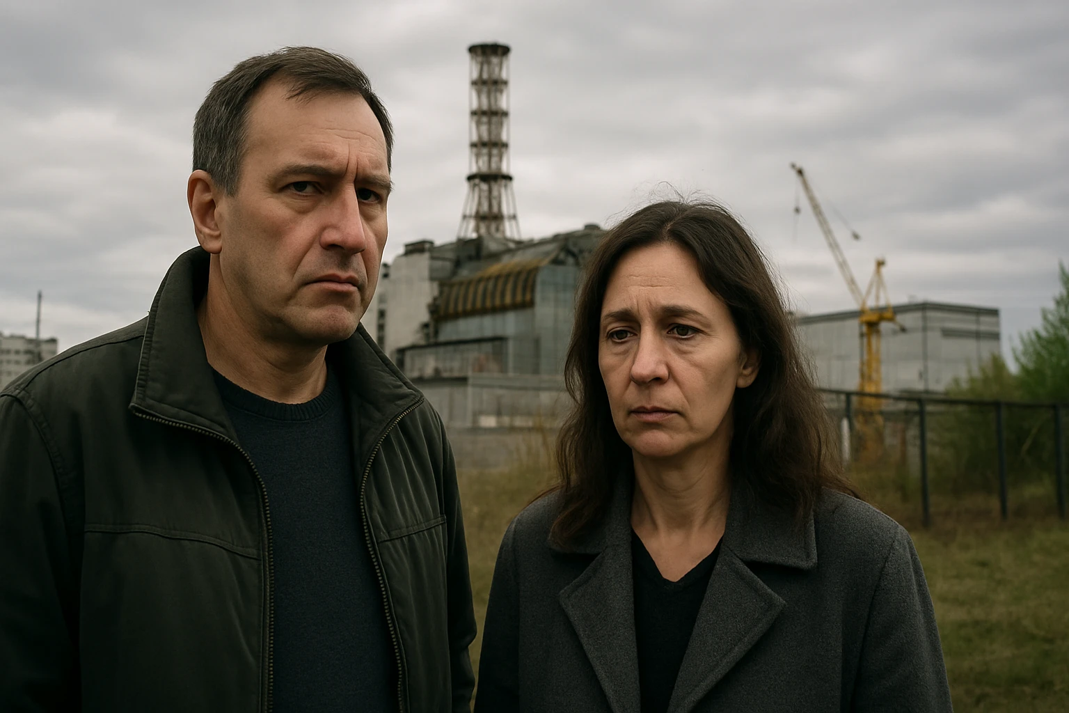 Dvojica ľudí pred Černobyľskou elektrárňou, s vážnymi výrazmi tváre.