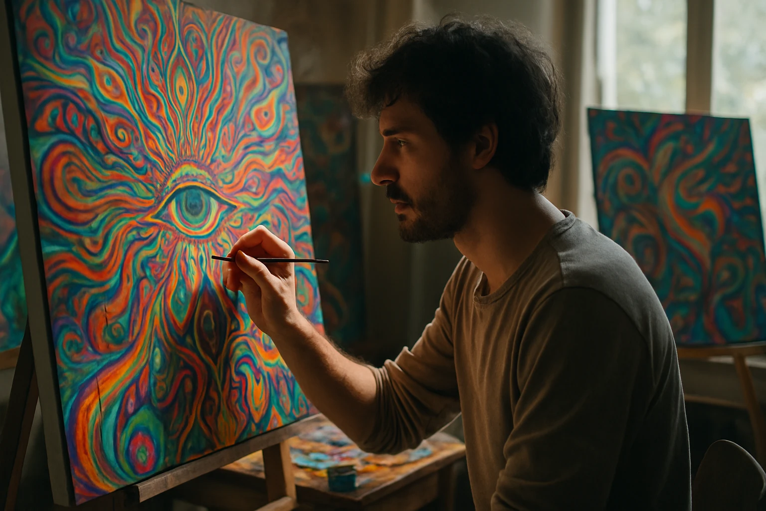 Umělec maľuje psychedelické obrazy pod vplyvom LSD.