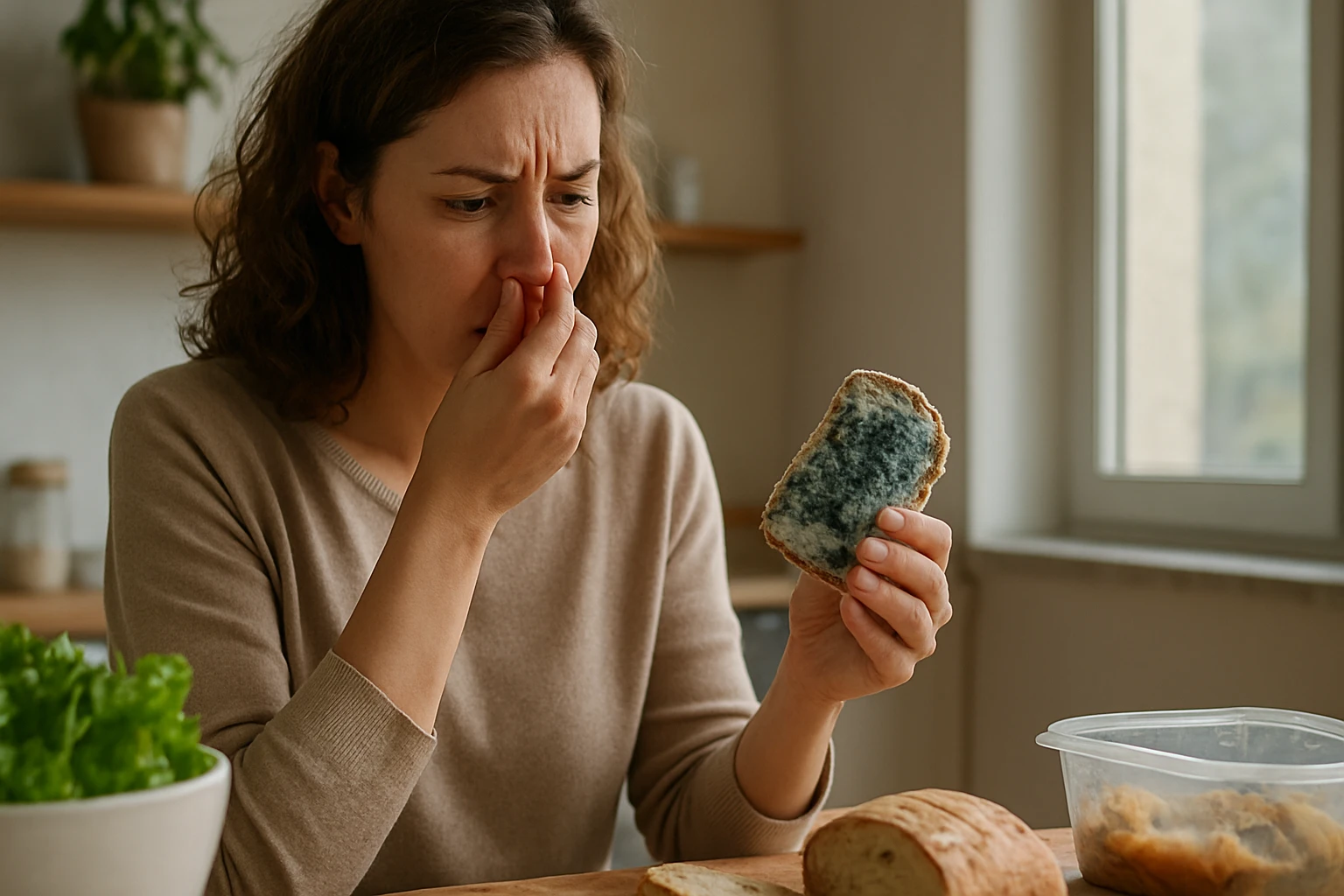 Žena s plesnivým chlebom, vyjadruje znechutenie nad zatuchnutou potravinou.