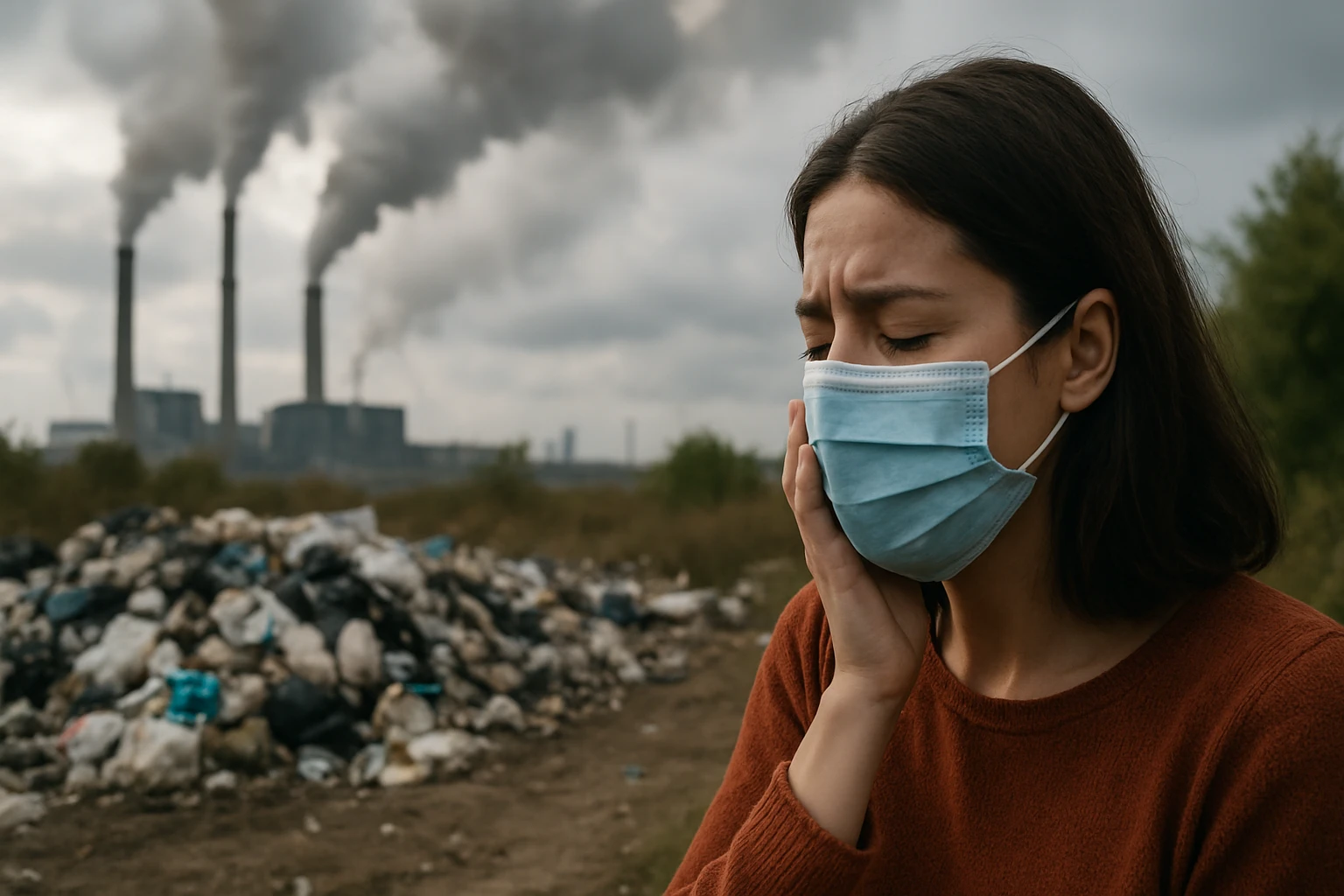 Žena v maske pre obmedzenie znečistenia pri smetisku s fajčením.