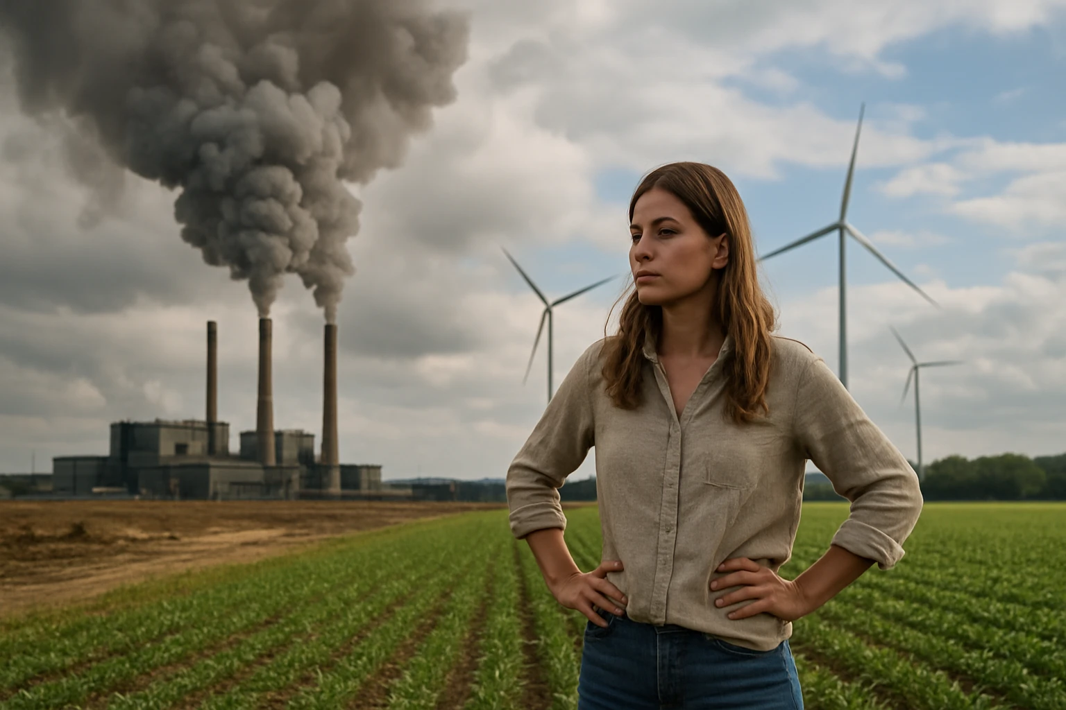 Žena stojí pred elektrárňou s emisiami a veternými turbínami v pozadí.