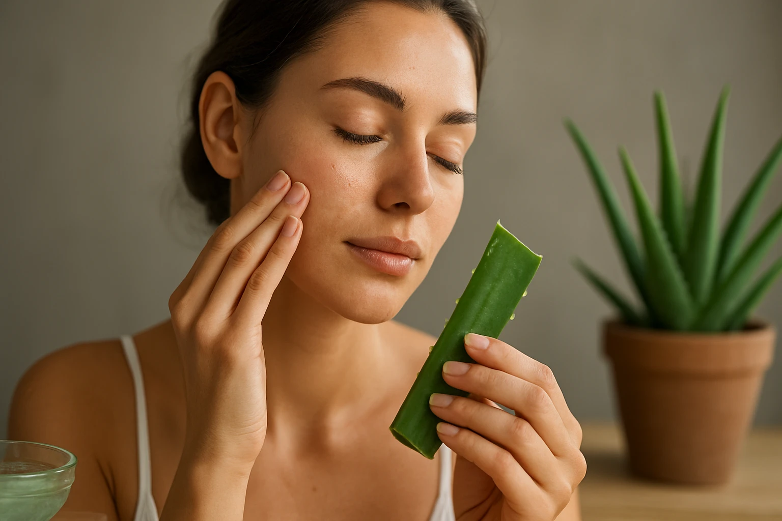 Žena používa aloe vera na starostlivosť o pleť pre žiarivú pokožku.