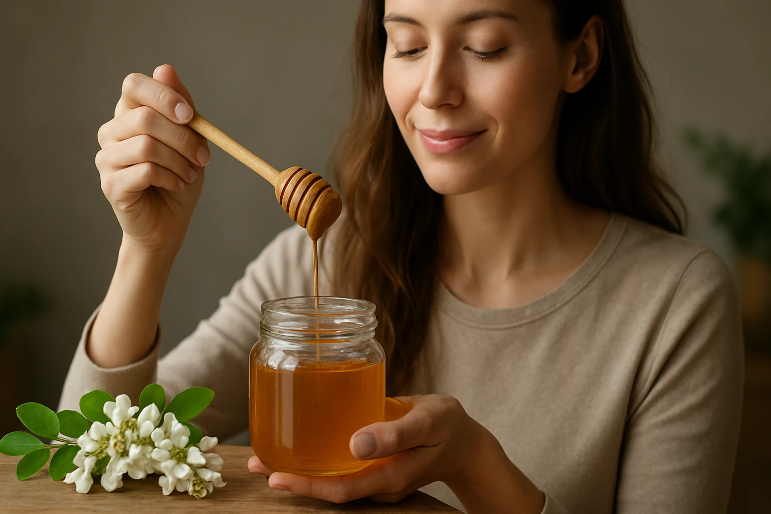 Žena s medom a drevenou lyžičkou, symbol zdravia a prírodného sladidla.