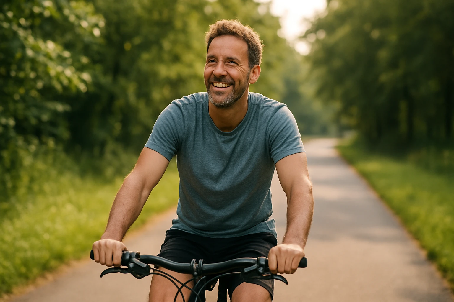 Usmiaty muž bicyklujúci v prírode, zdravý životný štýl.