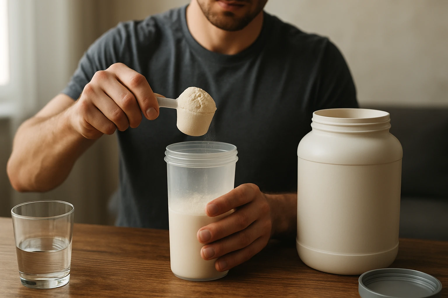 Muž pripravuje sladkú srvátku v prášku na regeneráciu svalov.