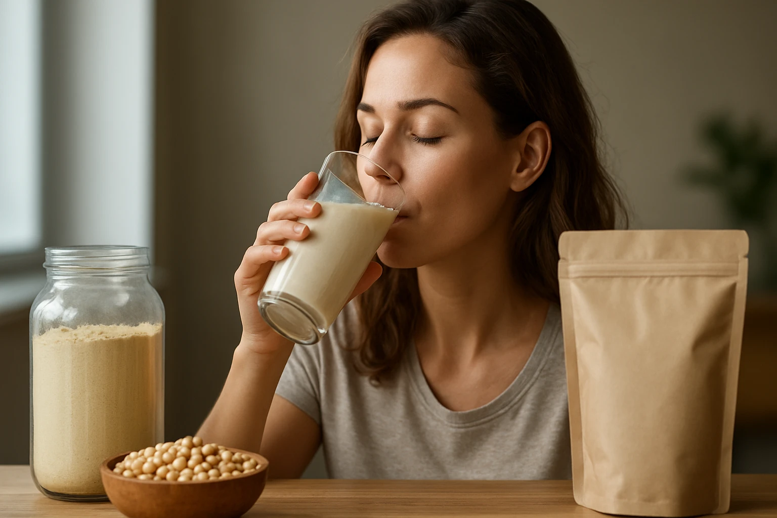 Žena pije sójové mlieko s proteínovým izolátom a sójou.