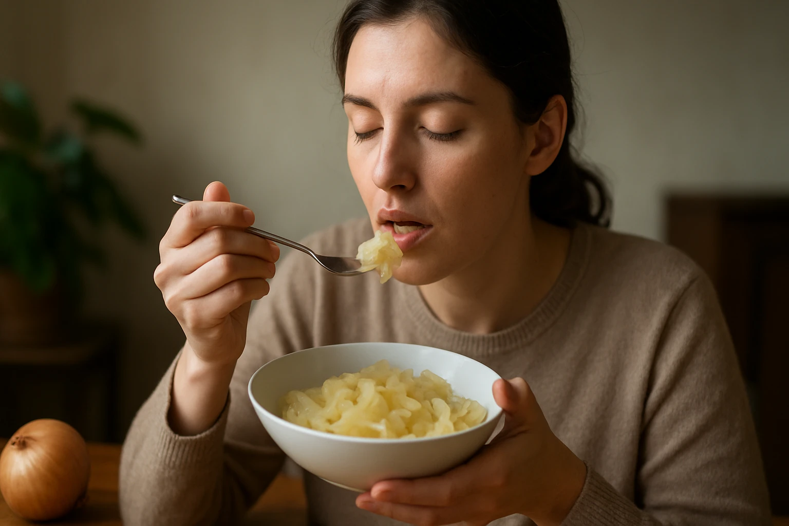 Žena užívajúca si varené cibule v miske