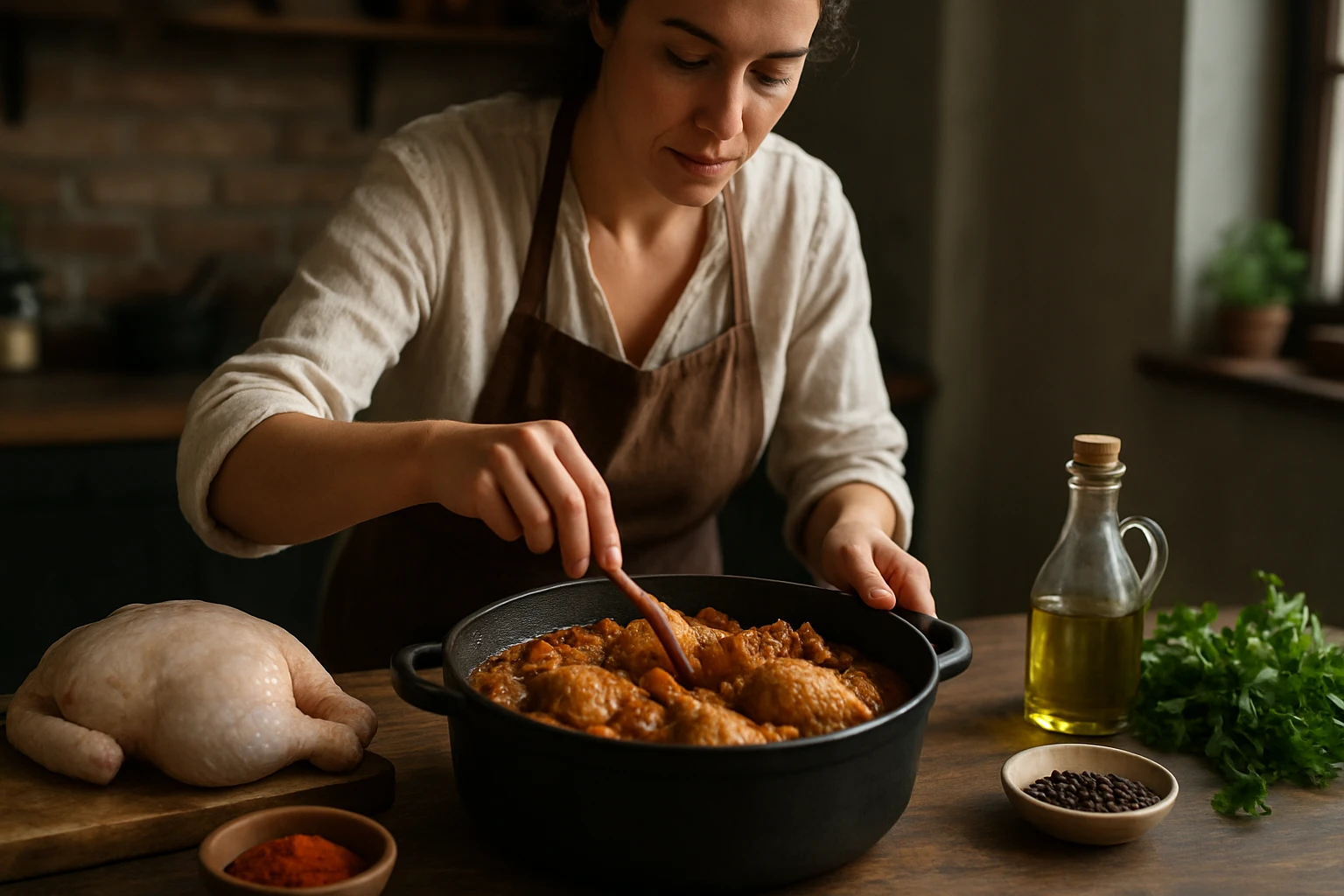 Žena pripravuje chutný kohútí perkelt v hrnci s čerstvými ingredienciami.