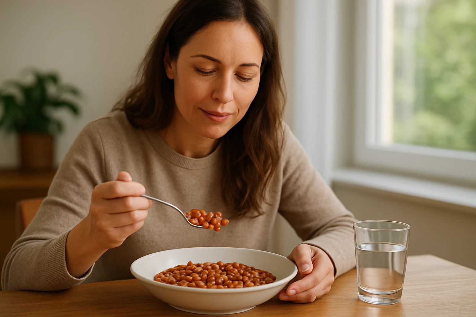 Žena konzumuje fazule ako zdravý zdroj výživy
