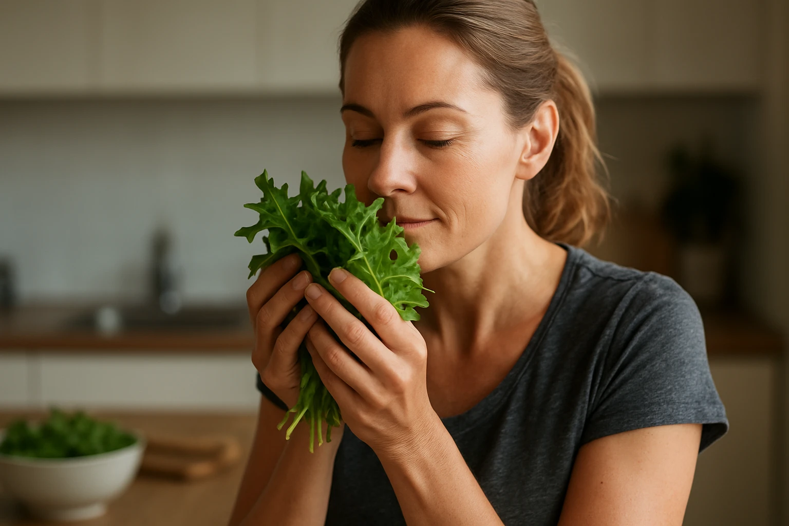 Žena objíma rukolu, symbolizujúca zdravé stravovanie.