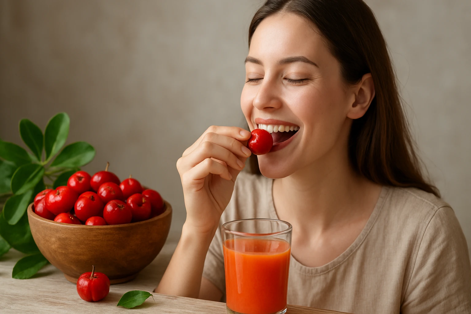 Žena si vychutnáva acerolu a nápoj z aceroly pre zdravie.