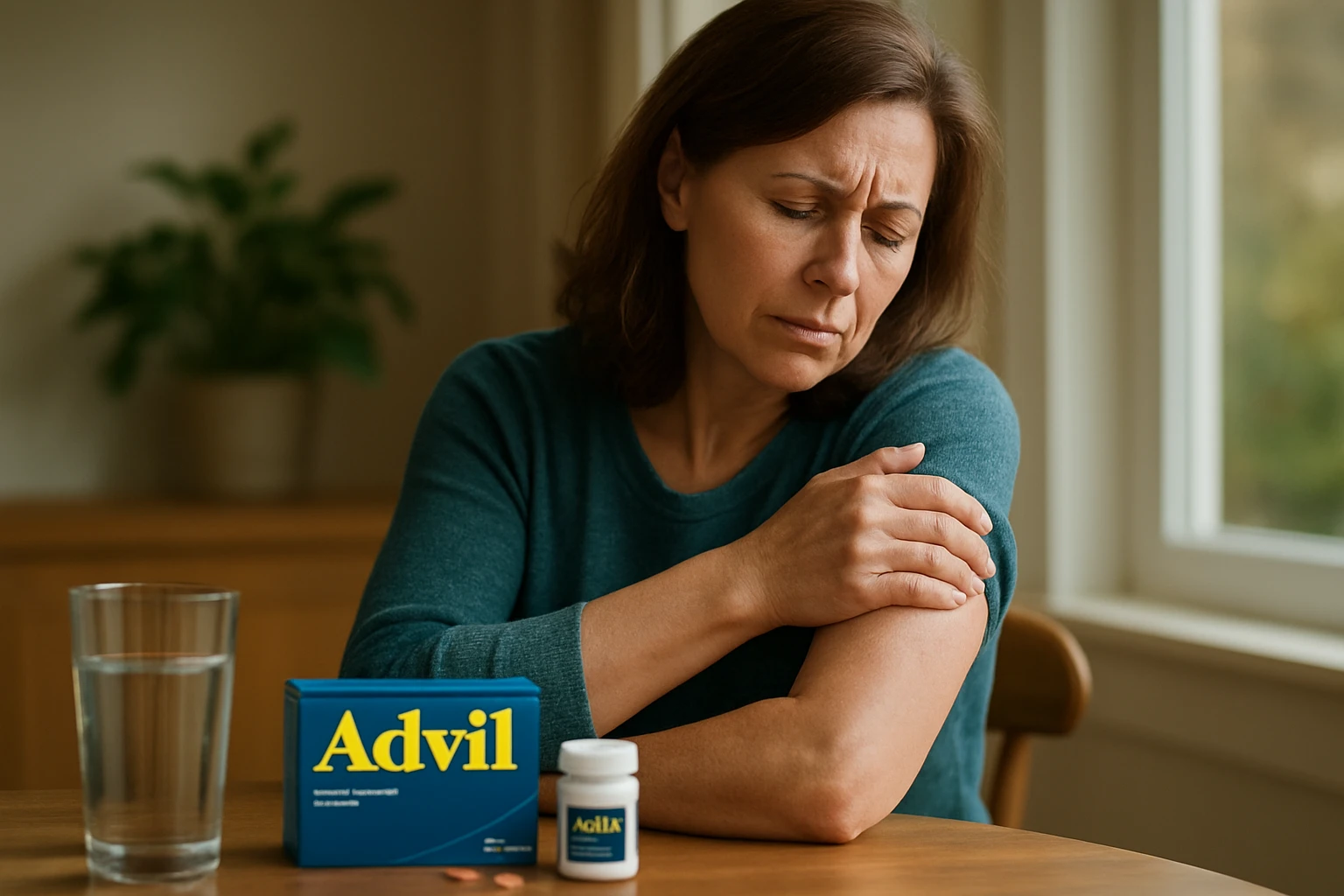 Žena pociťuje bolesť ramena, vedľa je balenie Advilu.