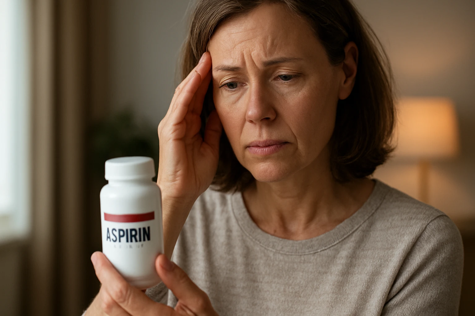Žena drží fľašu aspirínu a vyzerá zamyslene kvôli vedľajším účinkom.