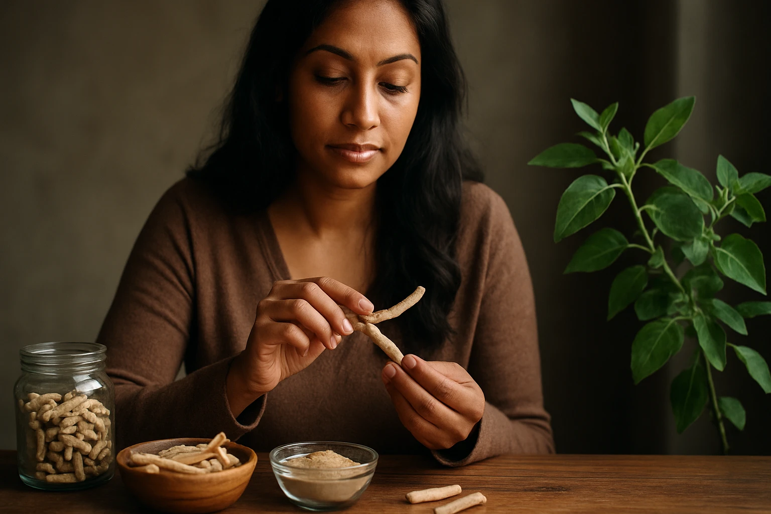 Žena skúma korene ashwagandhy, indického ženšenu, na drevenom stole.
