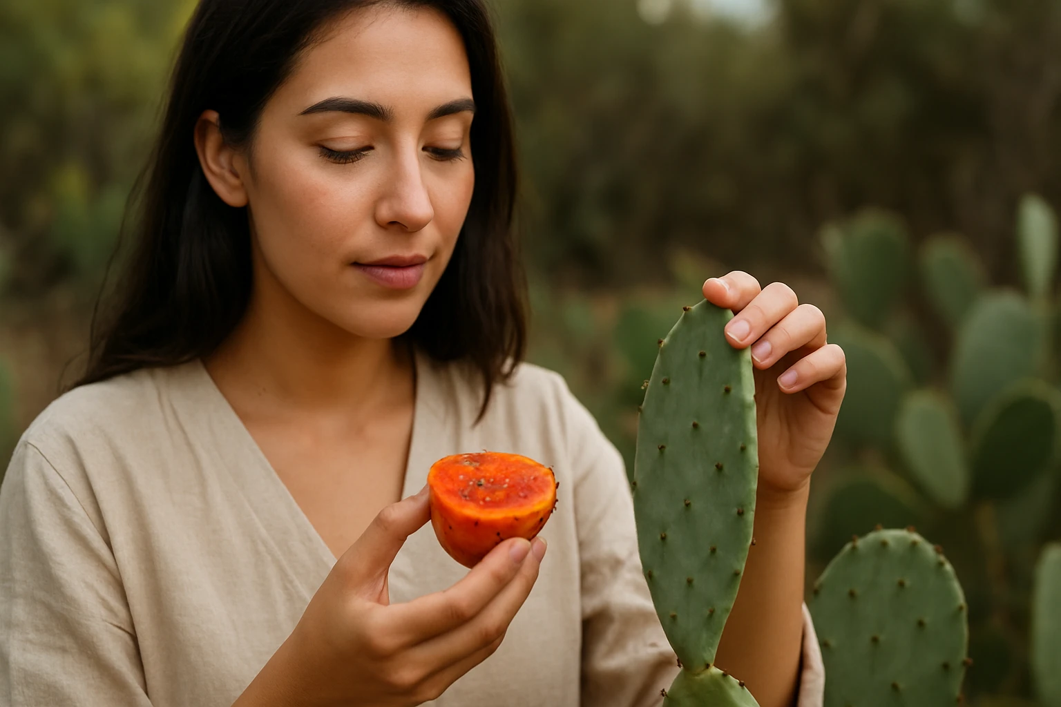 Žena skúma opunciu a kaktusový plátok, symbol zdravia a superpotravín.