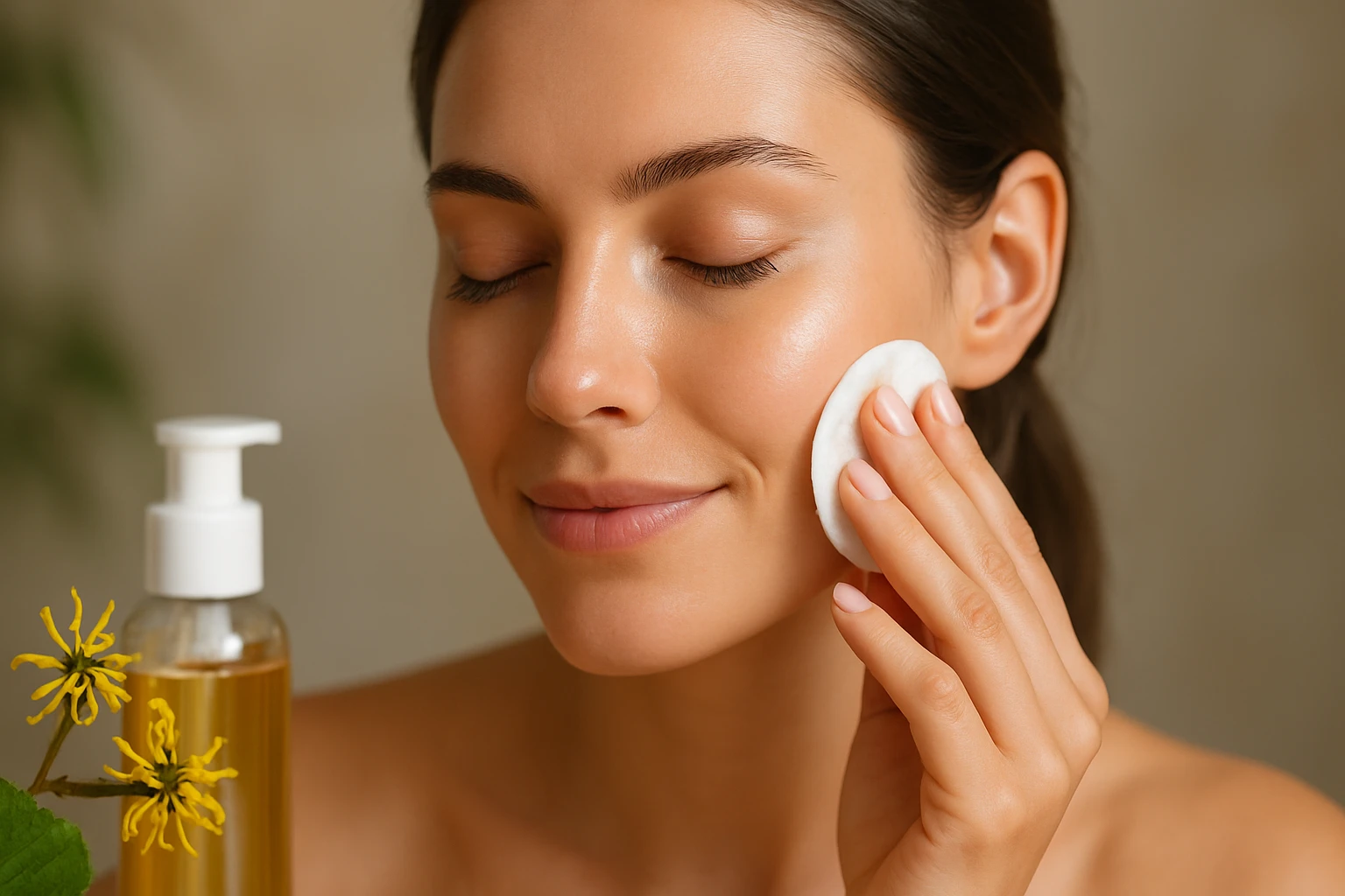 Žena nanášajúca tonikum z hamamelu na tvár