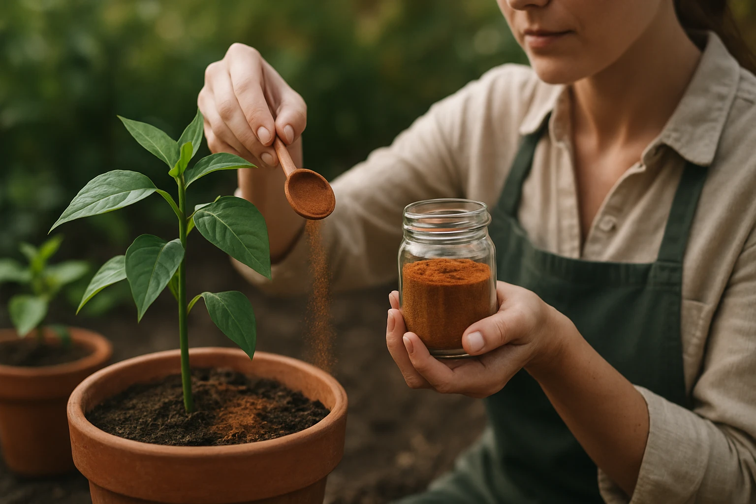 Žena pridáva škoricu do pôdy okolo rastliny v záhrade