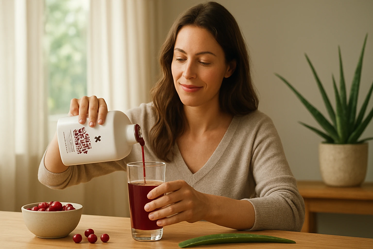 Žena nalievajúca Aloe Berry Nectar do pohára