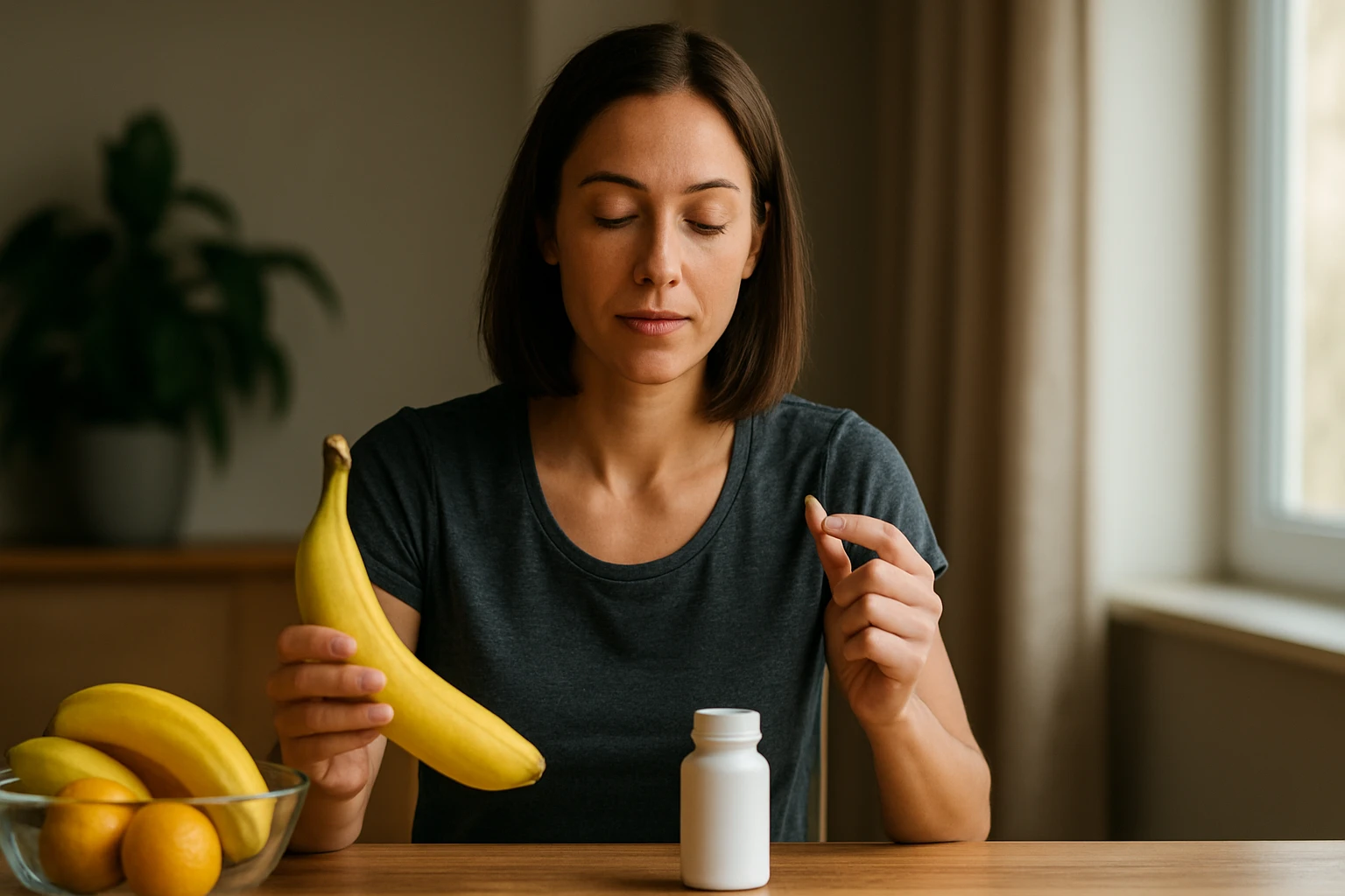 Žena s banánom a doplnkom stravy, znázorňujúca prínosy draslíka.