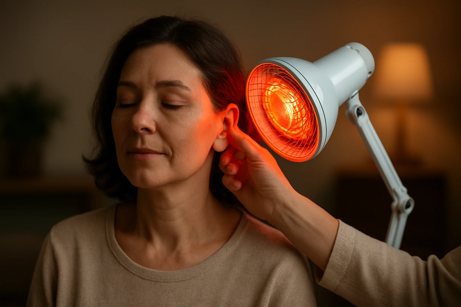 Žena relaxuje pri infračervenej lampe na zlepšenie zdravia uší.