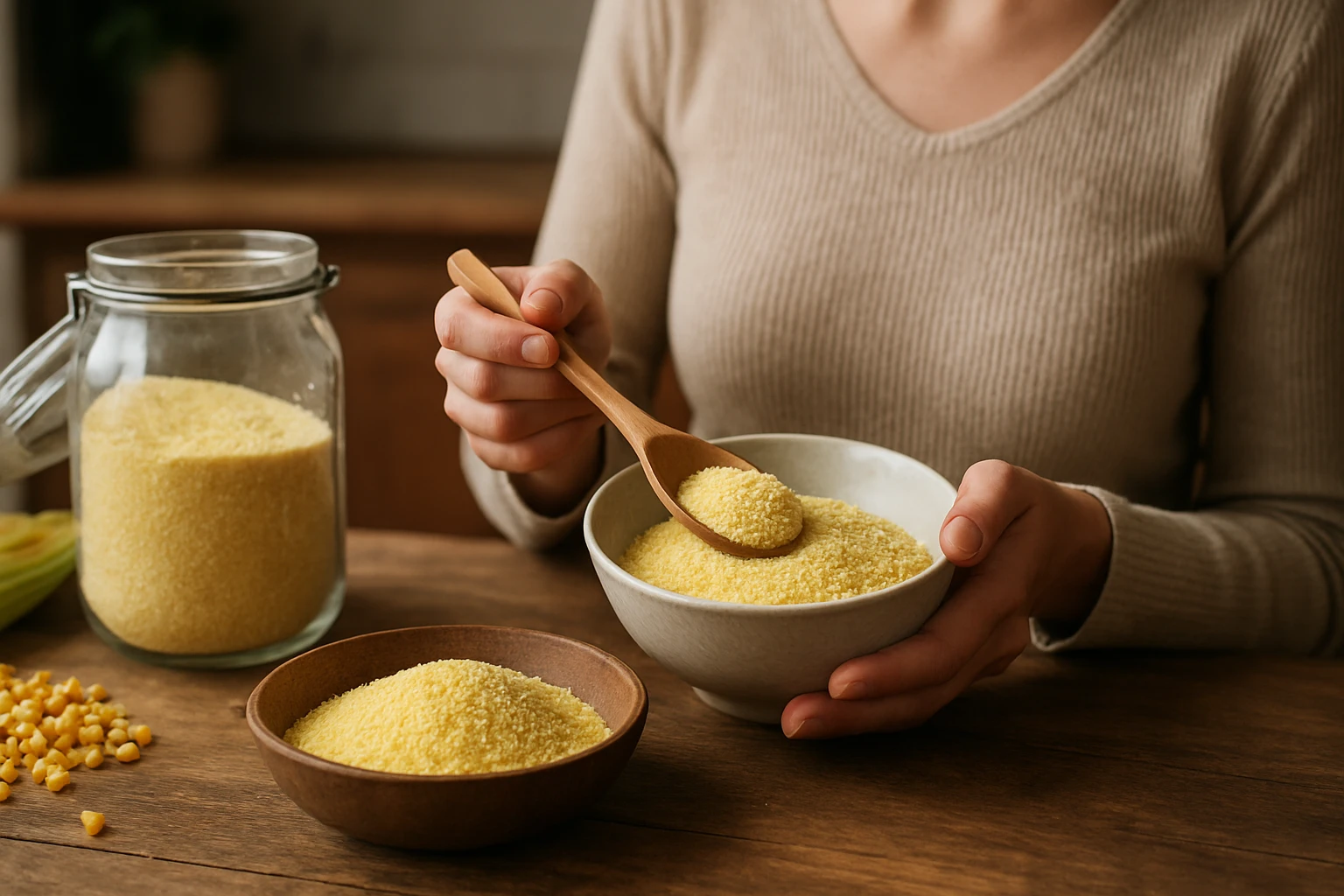 Kukuričná krupica v miske a sklenenej nádobe na drevenom stole.