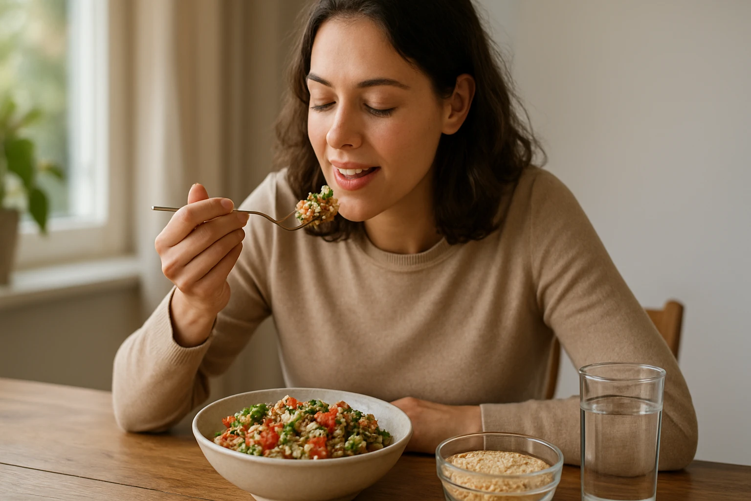 Žena vychutnáva si quinoa šalát so zeleninou a bylinkami.